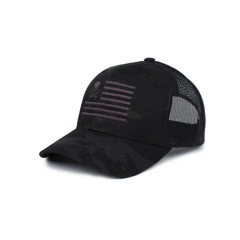 Skull American Flag Trucker - BlackMultiCam/Black - Hats - Pipe Hitters Union